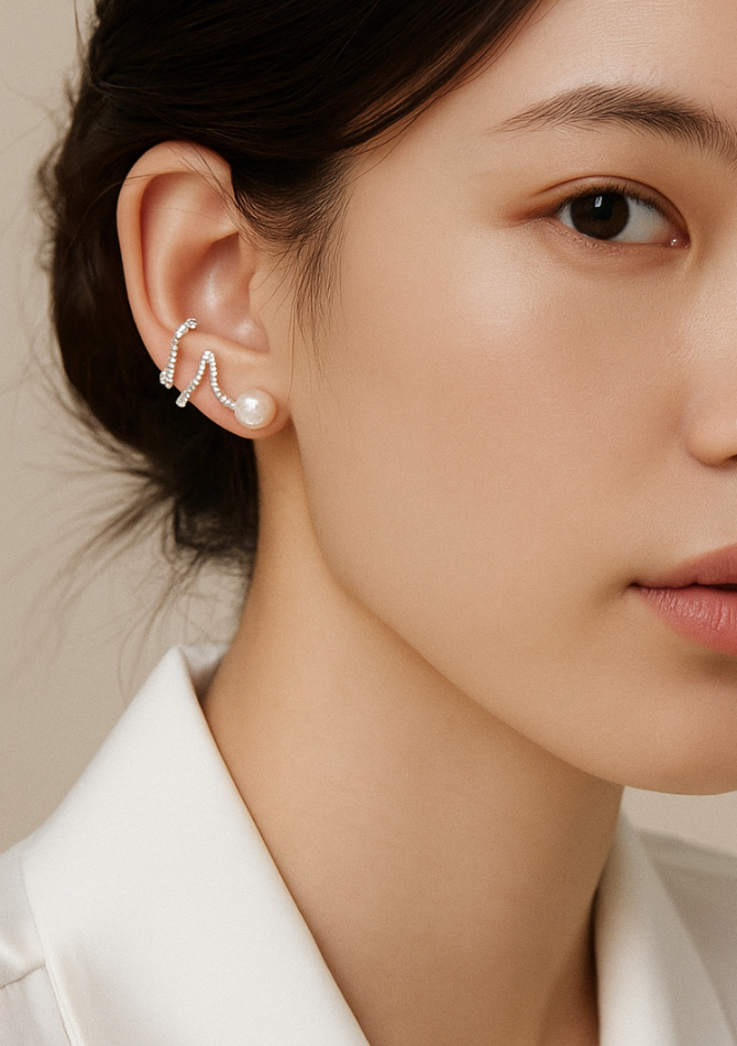 Silver needle pearl diamond ear clip Korean